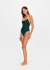 THE UPSIDE women's green recycled soft peached Racquet Flow Bodysuit is fully lined and features a scoop neckline, adjustable straps and a cream bow detail at chest. Made for tennis, gold & pickleball.