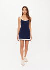 THE UPSIDE women's navy organic cotton blend Lori Knit Mini Dress features a scoop neckline with cream and lilac panels down sides and at hem. Made for tennis, golf & pickleball.
