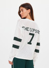 THE UPSIDE women's cream organic cotton Fenway Sebastian Crew offers a relaxed fit and features The Upside logo knit detail on back in green. Made for lifestyle.