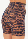 THE UPSIDE women's navy & camel recycled jacquard Castilla 5inch Spin Short is high-rise with a V panel waistband. Made for yoga & pilates.