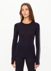 THE UPSIDE women's black Merino Wool Long Sleeve Top is designed for a slim fit and features a crew neck with mocha stripe down sleeve. Made for lifestyle.