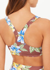 THE UPSIDE women's floral recycled supersoft Isla Racerback Vala Bra features a scoop neckline,  removable cups and contrast yellow binds down side. Made for yoga & pilates.
