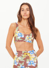 THE UPSIDE women's floral recycled supersoft Isla Racerback Vala Bra features a scoop neckline,  removable cups and contrast yellow binds down side. Made for yoga & pilates.