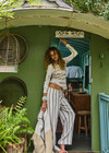 THE UPSIDE women's mocha stripe Baja Charli Drawstring Pant is designed for a low rise, straight leg fit with a elastic waistband with drawcord. Made for lifestyle.