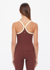 THE UPSIDE women's brown recycled rib Rhythm Caleb Tank Top features a shelf bra with removable cups and cream and yellow binds along neckline. Made for yoga & pilates.
