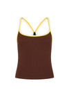 THE UPSIDE women's brown recycled rib Rhythm Caleb Tank Top features a shelf bra with removable cups and cream and yellow binds along neckline. Made for yoga & pilates.