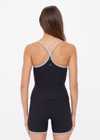 THE UPSIDE women's black recycled rib Rhythm Caleb Tank Top features a shelf bra with removable cups and cream and mocha binds along neckline. Made for yoga & pilates.
