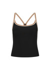 THE UPSIDE women's black recycled rib Rhythm Caleb Tank Top features a shelf bra with removable cups and cream and mocha binds along neckline. Made for yoga & pilates.