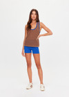 THE UPSIDE women's brown organic cotton Avalon Wales Knit Tank Top is a basketball style tank with a ribbed neckline and armholes in contrast blue, with open knit construction. Made for lifestyle.