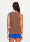 THE UPSIDE women's brown organic cotton Avalon Wales Knit Tank Top is a basketball style tank with a ribbed neckline and armholes in contrast blue, with open knit construction. Made for lifestyle.