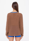 THE UPSIDE women's brown organic cotton Avalon Bayli Knit Crew is a crew neck sweater with drop shoulders in brown, a ribbed neckline in contrast blue and open knit construction. Made for lifestyle.