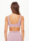 THE UPSIDE women's stripe jacquard Miami Scoop Neck Jasmine Bra features a low scooped neckline in a lilac and chocolate striped design, with removable cups. Made for swim.