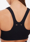 THE UPSIDE women's black recycled jacquard Castilla Jade Bra is a full coverage bra with scooped racerback and features removable cups. Made for yoga & pilates.