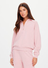 THE UPSIDE women's pink organic cotton french terry McGrath Collared Elle Polo is a relaxed, long sleeve polo with a collar and front buttons. Made for lifestyle.