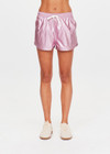 THE UPSIDE women's pink McGrath Billie Run Short is a mid-rise lightweight short in a metallic pink fabrication and features and side pockets and an elasticated waistband with drawcord. Made for lifestyle.