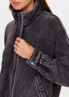 THE UPSIDE women's washed black Cosmic Carmen Moto Jacket is designed for a relaxed fit and features welt pockets and a soft elasticated hem. Perfect everyday outerwear piece.