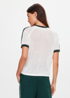 THE UPSIDE women's cream organic cotton Fenway Jordan Knit Tee is a relaxed crew neck knitted tee with knitted green stripe down sleeves and along neckline and armholes. Made for everyday.
