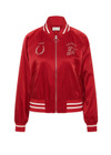 THE UPSIDE women's red 100% silk Two Hearts Silk Bomber Jacket is fully lined with cream and red stripes, welt pockets with triangle detail at top and bottom and an embroidered horse and horseshoe design. Made for lifestyle.