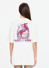 THE UPSIDE women's cream organic cotton Big Beach Tee is an oversized crew neck tee with a ribbed neckline and "dust yourself down" horseshoe artwork printed at back. Made for lifestyle.