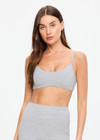 THE UPSIDE women's grey cotton Flash Scoop Neck Sports Bra offers low coverage with a scooped sweetheart neckline, soft support, and binded straps with adjusters. Made for yoga & pilates.