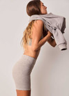 THE UPSIDE women's grey cotton Flash 5Inch Spin Short offers a mid-rise design in stretch jersey fabrication with no front seam. Made for yoga & pilates.