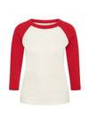 THE UPSIDE women's cream 100% organic cotton Take Me To The Ball Park Top features a soft ribbed neckline with contrast red 3/4 length sleeves. Made for lifestyle.