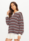 THE UPSIDE women’s stripe 100% cotton Wonder Knit Polo has a brown, pink, cream and grey stripe design with contrast collar and sleeve cuffs. Made for lifestyle.