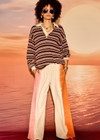 THE UPSIDE women’s stripe 100% cotton Wonder Knit Polo has a brown, pink, cream and grey stripe design with contrast collar and sleeve cuffs. Made for lifestyle.
