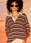 THE UPSIDE women’s stripe 100% cotton Wonder Knit Polo has a brown, pink, cream and grey stripe design with contrast collar and sleeve cuffs. Made for lifestyle.