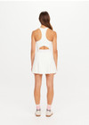 THE UPSIDE women’s cream recycled Kova Racerback Dress has built in shorts with pockets, a scooped front neckline with a racerback bra. Made for tennis.