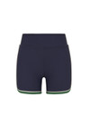 THE UPSIDE women's navy Rhythm 4inch Spin Short is a supportive and comfortable fit and features a mid rise waist, no front seam and contrast side binding. Made for yoga and pilates.