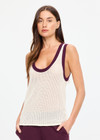 THE UPSIDE women's cream organic cotton Fenway Wales Knit Tank is designed for a relaxed fit and features a basketball-inspired tank silhouette, open knit construction and contrast rib detailing. Made for lifestyle.