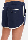 THE UPSIDE women's navy Lago Marlin Short crafted for a true-to-size low rise fit with side and back pockets, contrast binding and an adjustable drawcord waist. Made for lifestyle.