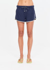 THE UPSIDE women's navy Lago Marlin Short crafted for a true-to-size low rise fit with side and back pockets, contrast binding and an adjustable drawcord waist. Made for lifestyle.