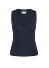 THE UPSIDE women's navy organic cotton Abby V Neck Tank Top features a low V neckline, ribbed construction and a high back design. Made for lifestyle.