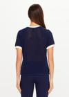 THE UPSIDE women’s navy 100% organic cotton Fenway Jordan Knit Tee offers a relaxed fit and features an open knit construction, contrast sleeve stripe detailing and ribbed trims. Made for lifestyle.