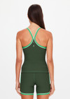 THE UPSIDE women's green Rhythm Caleb Tank Top features a scooped front neckline with t-bar back and removable cups in our recycled rib fabrication. Made for yoga and pilates.