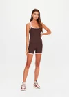 THE UPSIDE women's chocolate Rhythm Caleb Tank Top features a scooped front neckline with t-bar back and removable cups in our recycled rib fabrication. Made for yoga and pilates.