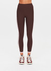 THE UPSIDE women's chocolate Rhythm 25inch Legging is mid-rise and features cream and pink binds along side seams in our recycled rib fabrication. Made for yoga and pilates.