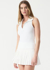 THE UPSIDE women’s white Game Greer Collared Tank Top is a soft, supportive fit with a low V-neck, bound armholes, collar and placket. Made for tennis.