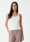 THE UPSIDE women’s natural organic cotton Victoria Rib Tank is a fitted style with a scoop neck and striped rib detailing at the neckline and armholes. Made for lifestyle.