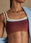THE UPSIDE women's red recycled peached Maya Sal Double Layer Bra is mid coverage and features a scooped neckline, elasticated underbust and removable cups. Made for yoga and pilates.