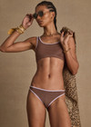 THE UPSIDE women’s brown recycled nylon Galaxia Kora Scoop Bra offers mid coverage with a square neck, open back, metallic fabric and soft purple rib binds. Made for swim.