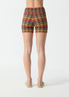 THE UPSIDE women's check Del Sol 4 Inch Spin Short is mid rise and features a navy elastic drawcord with aglets and is fully lined. Made for yoga and pilates.