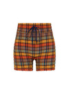 THE UPSIDE women's check Del Sol 4 Inch Spin Short is mid rise and features a navy elastic drawcord with aglets and is fully lined. Made for yoga and pilates.