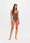 THE UPSIDE women's espresso metallic Galaxia Flow One Piece features a sccop front neckline and low back with adjustable straps and embroidered arrow logo on back. Made for swim.