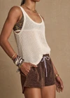 THE UPSIDE women's chocolate metallic Galaxia Marcella Short is a mid to low rise fit and features an elasticated waistband, a purple paracord drawcord and side seam pockets. Made for lifestyle.