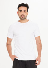 THE UPSIDE mens Quick Dry Tee in White is a slim fit, raglan sleeve tee made from a recycled dri release fabrication in white that is sweat wicking and quick drying.