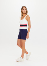 THE UPSIDE Panama Ophelia Knit Top in White is a sustainable organic cotton scoop neck knitted tank with a rib knit hem and red and navy knit stripes.