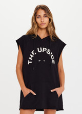 THE UPSIDE Recovery Hoodie in Black is an organic cotton sleeveless, longline hoodie with a cream horseshoe logo print at centre front and raw edges with kangaroo pocket and drawcord through hood.